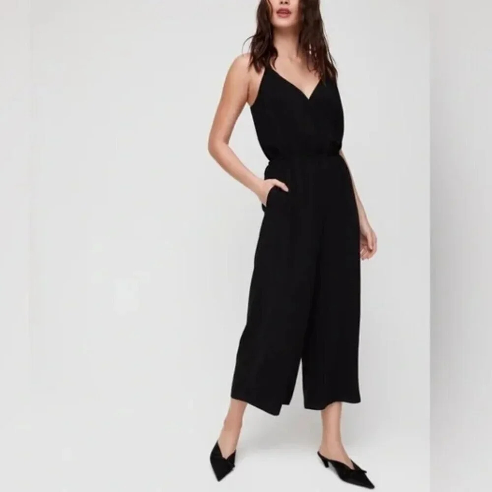 Aritzia Wilfred Melodie Wide  Leg V Neck Jumpsuit Black Size Small